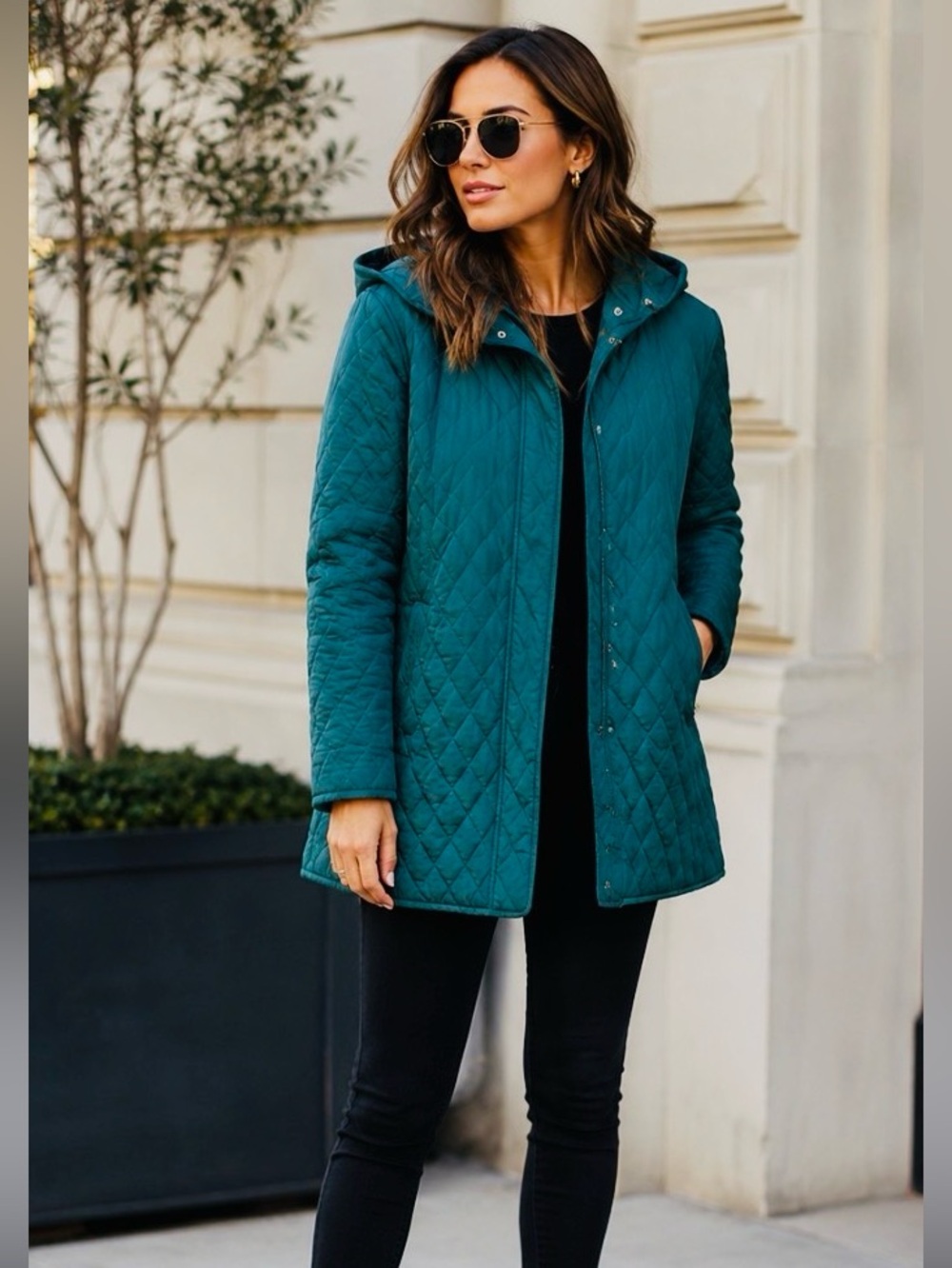 New GARNET HILL Essential Quilted Hooded Car Coat Teal S MSRP $249
